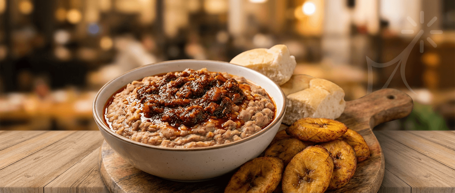 An overhead spread of authentic Nigerian dishes — jollof rice, egusi, plantain and more — shared at a table