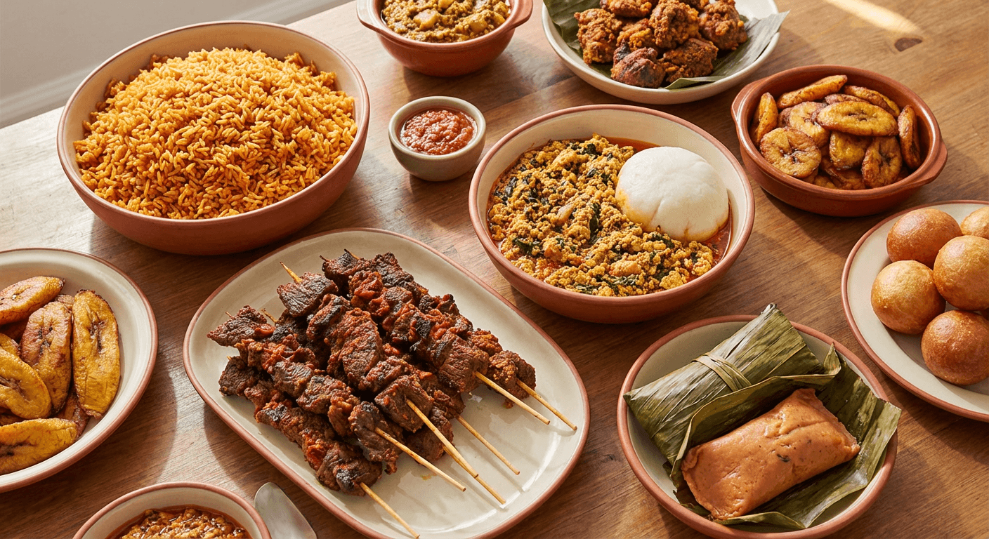 An overhead spread of authentic Nigerian dishes — jollof rice, egusi, plantain and more — shared at a table