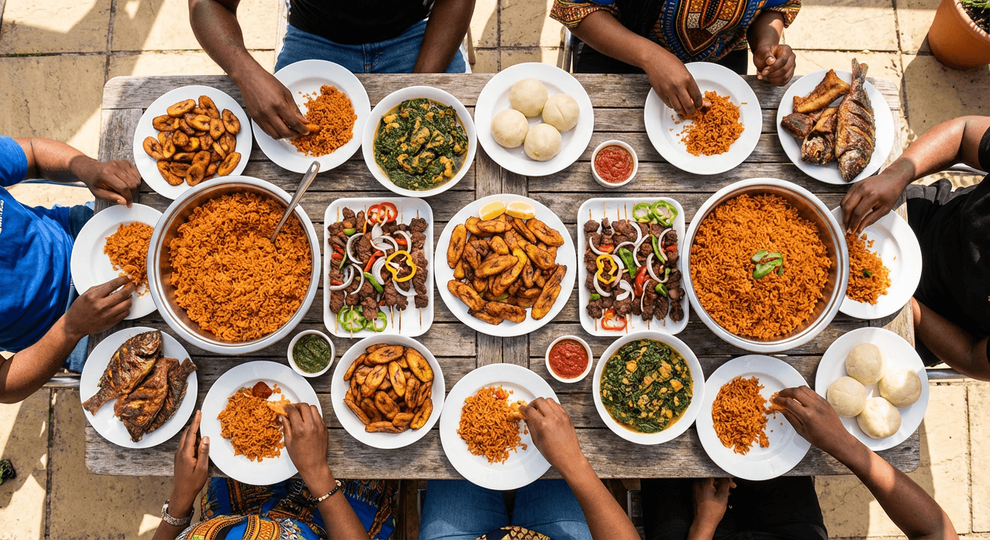 An overhead spread of authentic Nigerian dishes — jollof rice, egusi, plantain and more — shared at a table