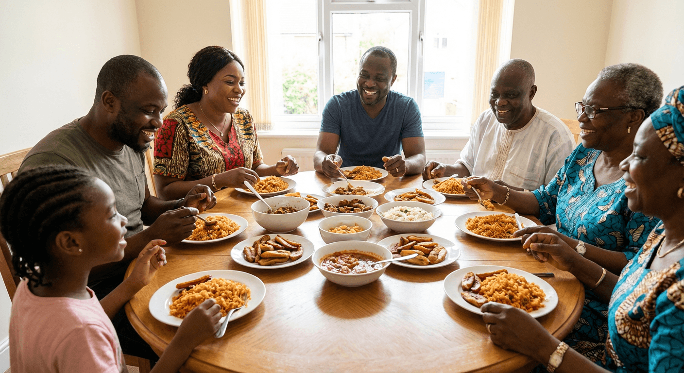 Friends and family enjoying authentic Nigerian food together